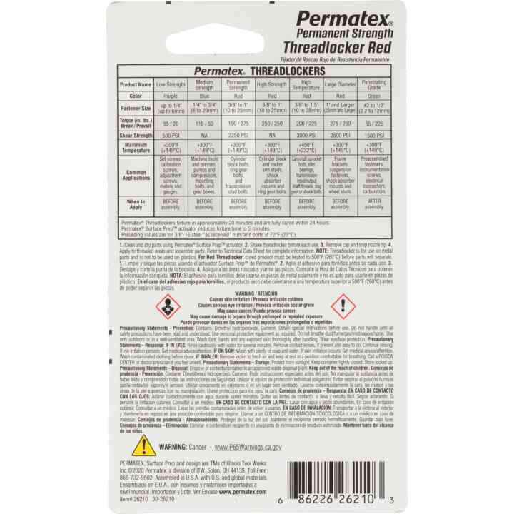 Fijador 262 Rojo 10Ml 26210Px Resistencia Alta Permatex
