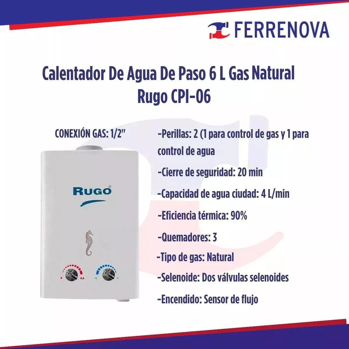 Calentador De Paso Para Agua 6L Gas Natural Rugo CPI-06