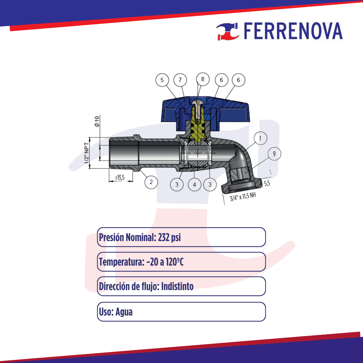 Llave Jardín Esfera 1/2 Npt X 3/4 Nh Coflex LP-701