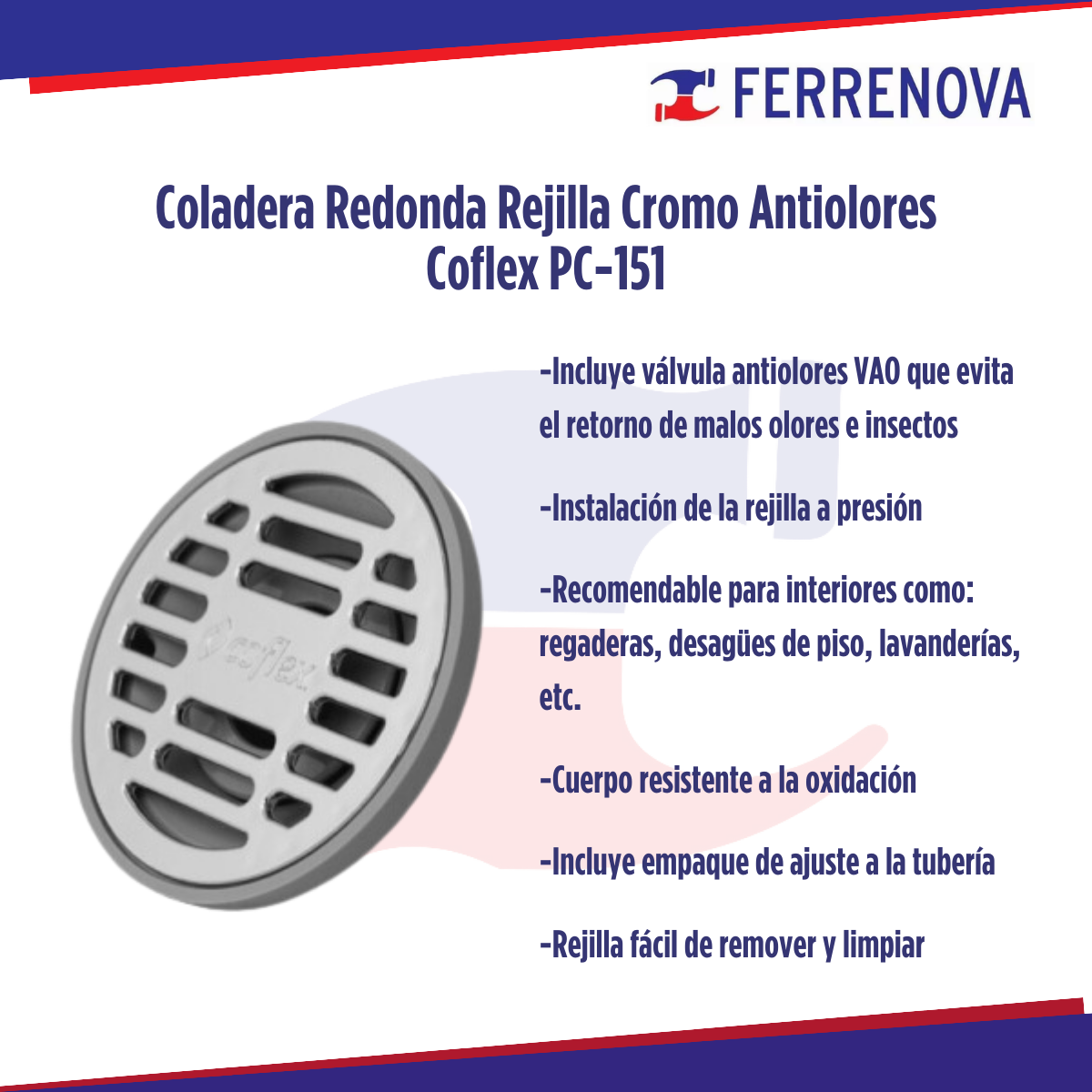 Coladera Redonda Rejilla Cromo Antiolores Coflex PC-151