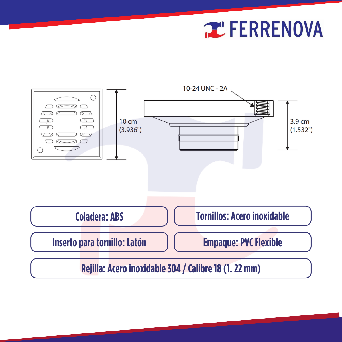 Coladera Cuadrada ABS Rejilla Acero Inoxidable Coflex PC-162