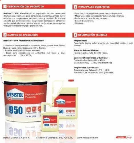 Adhesivo Para Madera Resistol 950 Amarillo Carpintero De 1Kg.