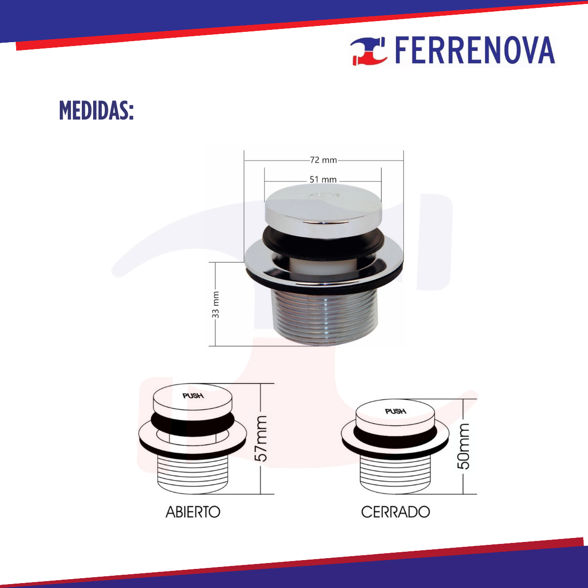 Tapón Para Desagüe De Tina De Push Rugo RI-30