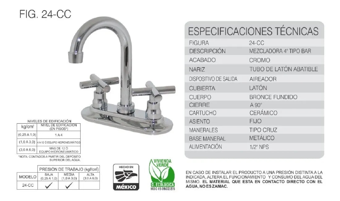 Mezcladora P/Bar 24-Cc Cromo 4" Rugo