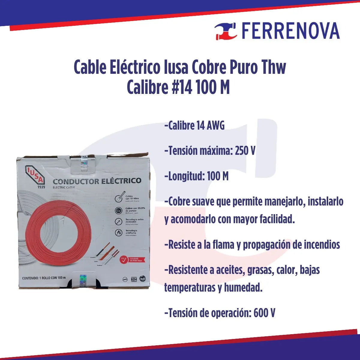 Cable Electrico Iusa Cobre Puro Thw Calibre #14 100m