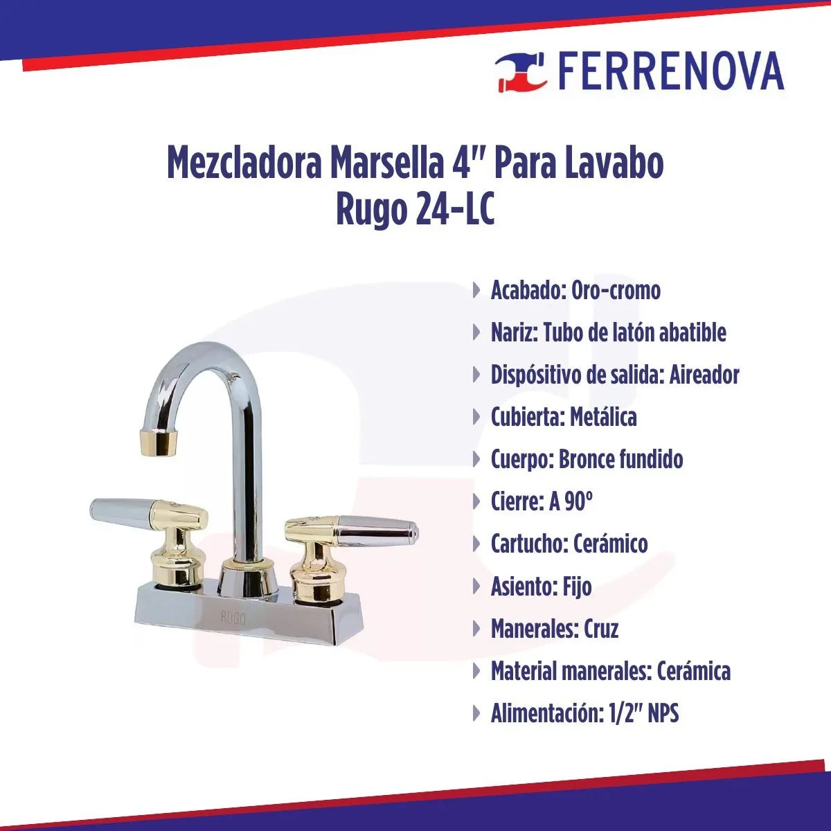Mezcladora Marsella 4 P/lavabo Rugo Plateado Brillante 24-LC