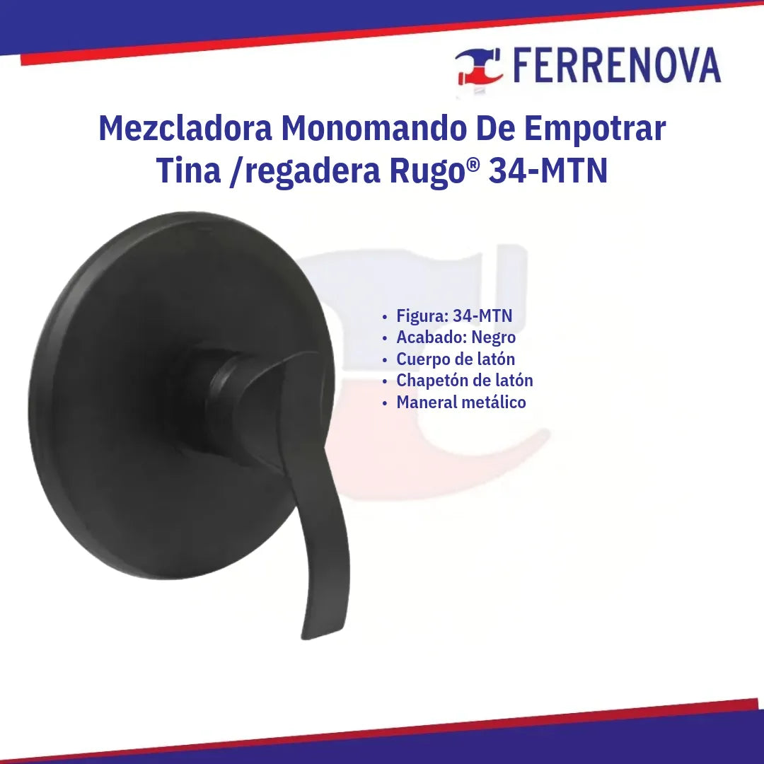 Mezcladora Monomando De Empotrar Tina /regadera Rugo 34-MTN