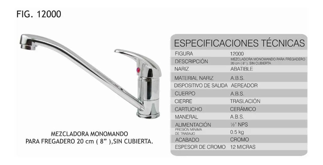 Mezcladora Monomando Abs P/ Fregadero Cromo Fontanery 12000
