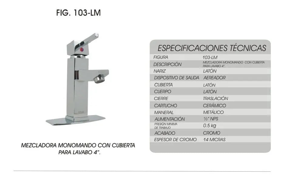 Mezcladora Monomando Para Lavabo 103-Lm Rugo