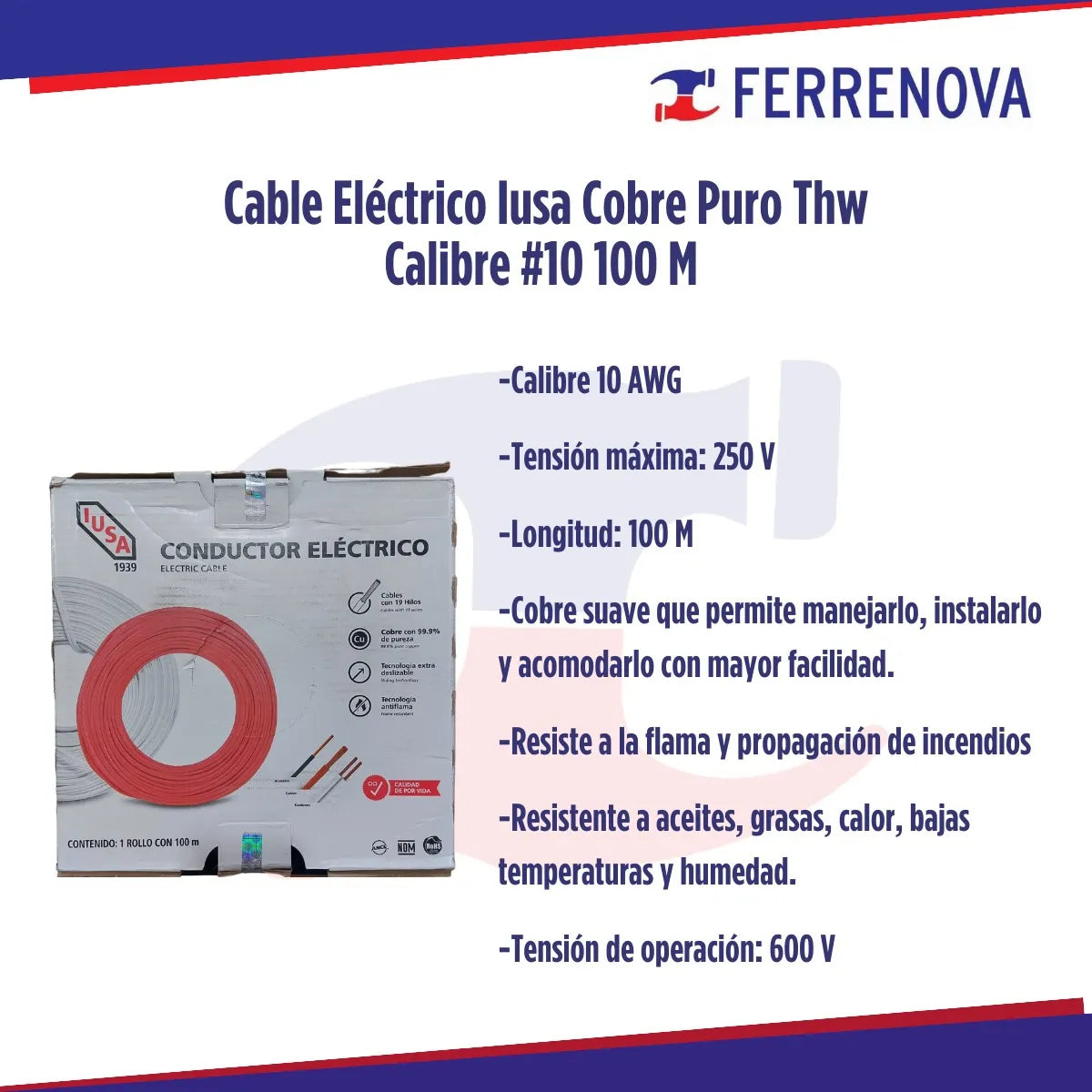 Cable Electrico Iusa Cobre Puro Thw Calibre #10 100m