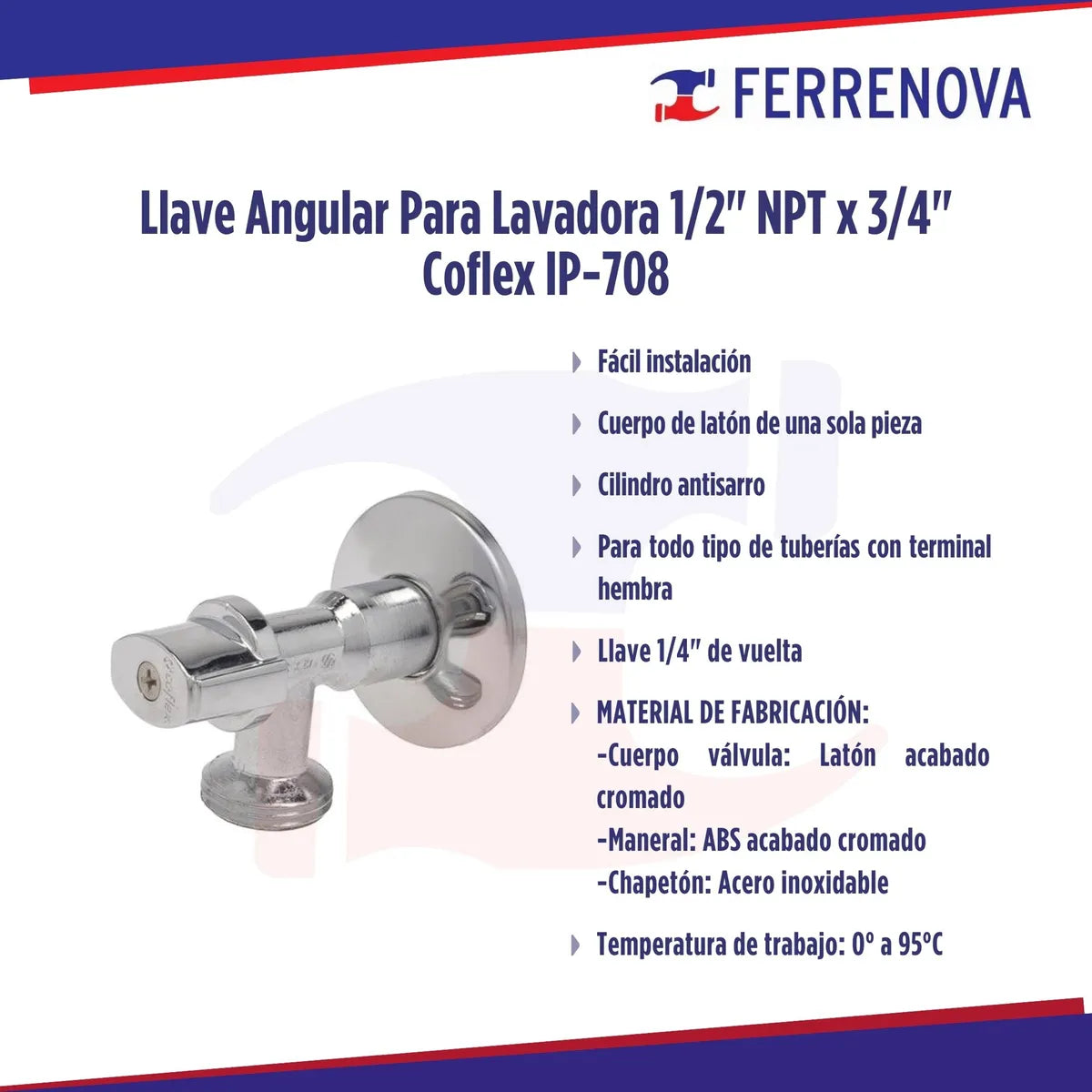 Llave Angular Para Lavadora 1/2npt X3/4 Coflex Ip-708