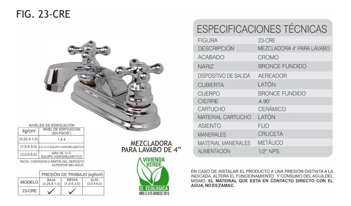 Llave Mezcladora Para Lavavo 4 Plateado Rugo 23-cre