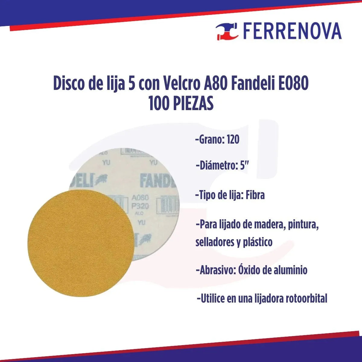 Lija De Disco 5 Con Velcro A80 Grano 120 Fandeli (100 Pza)