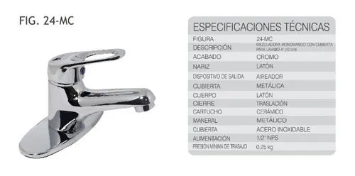 Mezcladora P/Lavabo 24-Mc Monomando Rugo