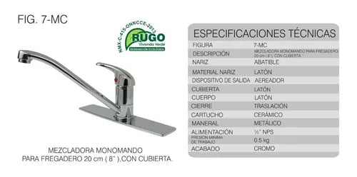 Mezcladora Para Fregadero 7-Mc Monomando Cromo Rugo