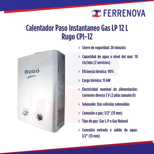 Calentador De Paso L.P. 12 Lts Cpi12 Rugo