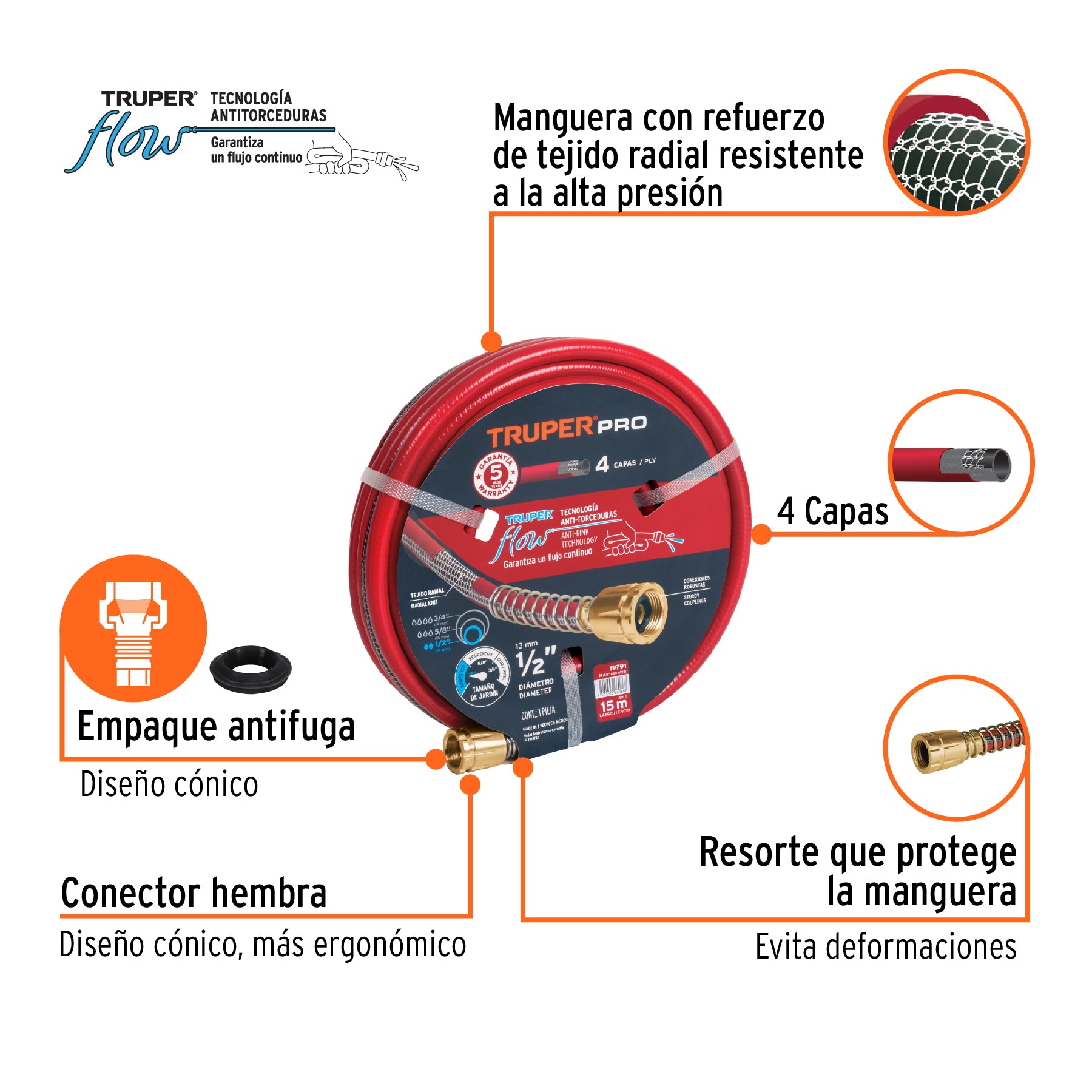 Manguera 1/2" super reforzada 4 capas 15 m conexiones metal Truper 19791