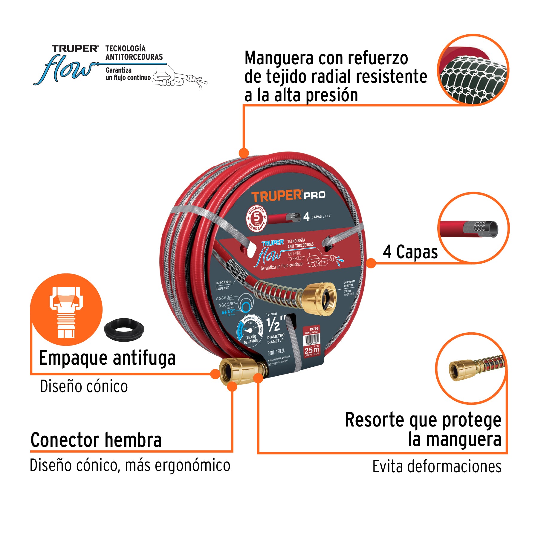 Manguera 1/2" super reforzada 4 capas 25 m conexiones metal Truper 19793