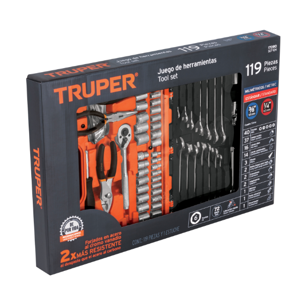 JUEGO DE 119 HERRAMIENTAS 1/4" Y 3/8" MIXTAS PARA MECANICO TRUPER 17090