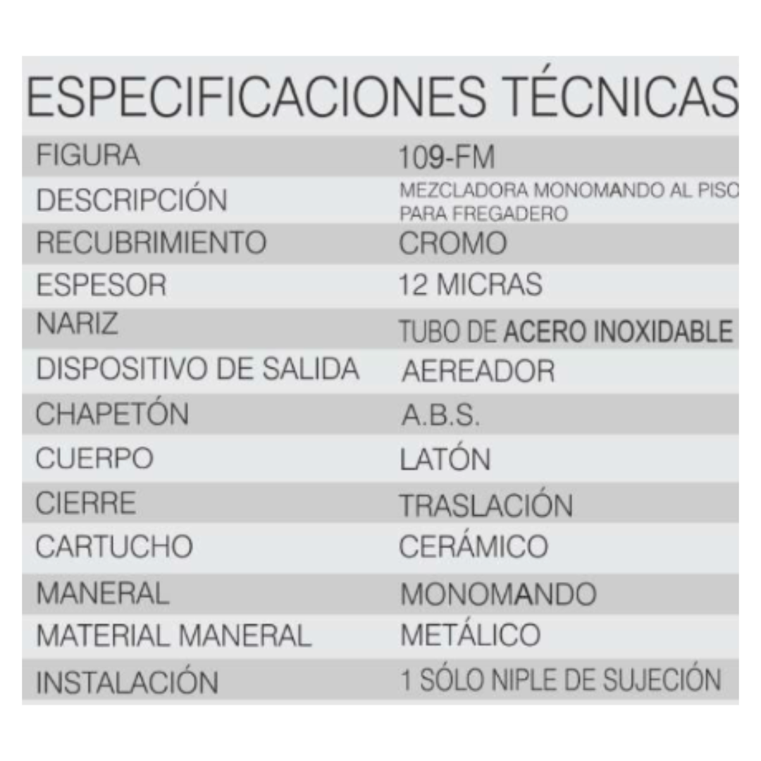 Mezcladora Para Fregadero Monomando Cromo Rugo 109-Fm