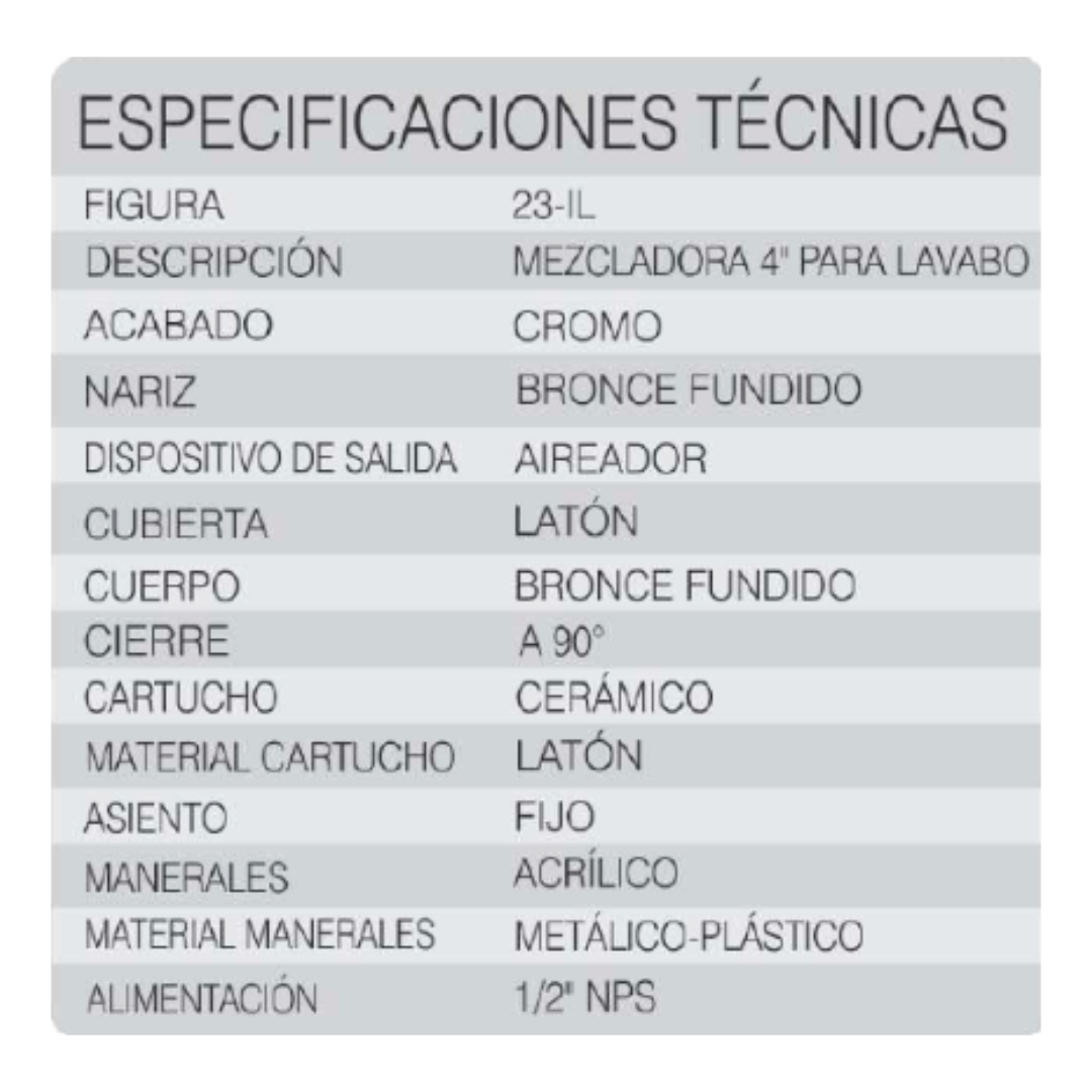 Mezcladora Para Lavabo Maneral Acrílico Rugo 23-IL