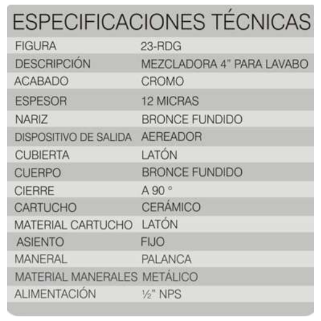 Mezcladora Para Lavabo Con Chapeton Rugo 23-RDG