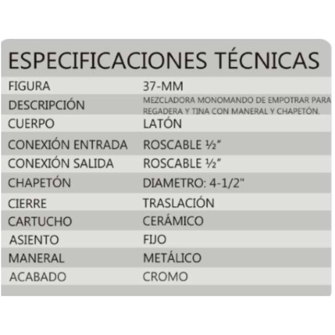 Mezcladora Para Regadera Monomando Rugo 37-MM