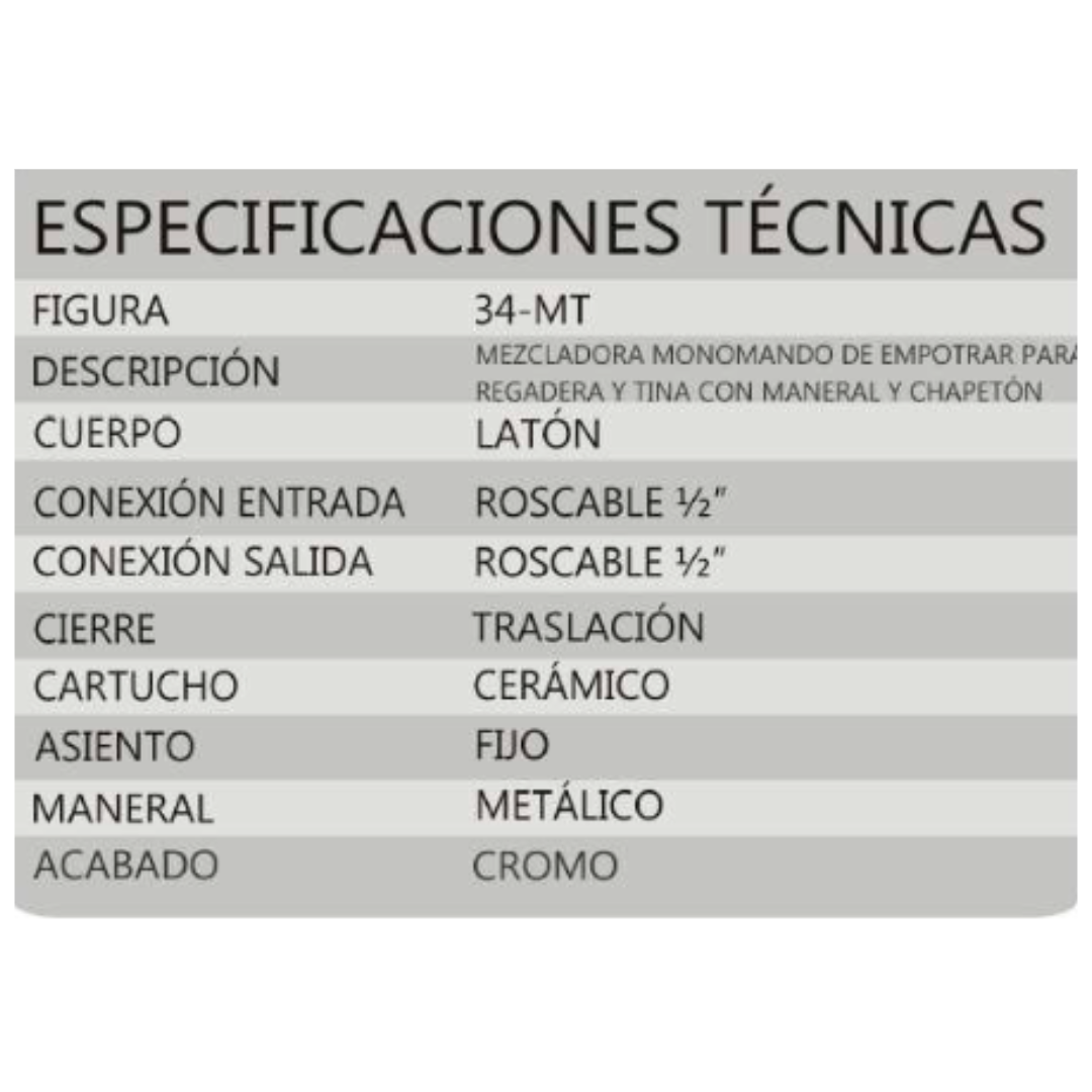 Mezcladora Monomando Para Regadera Acabado Cromo Rugo 34-MT