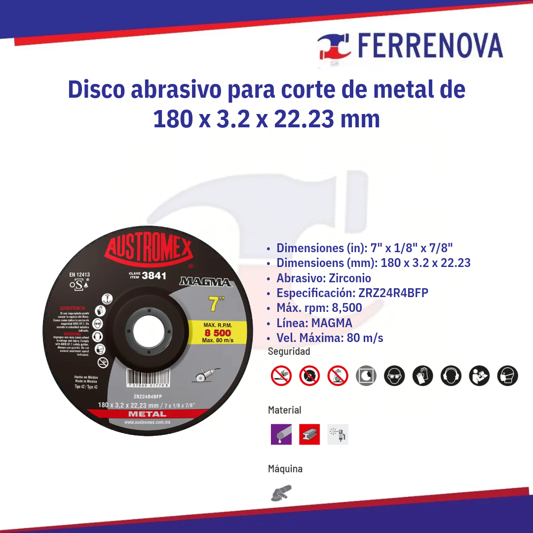 Disco Corte Metal 3841 7" 180X3.2X22.3 Austromex