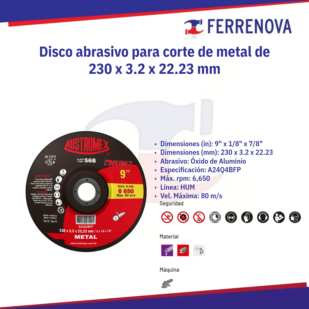Disco C/Metal 9"X1/8 T42 568 Hum Austromex