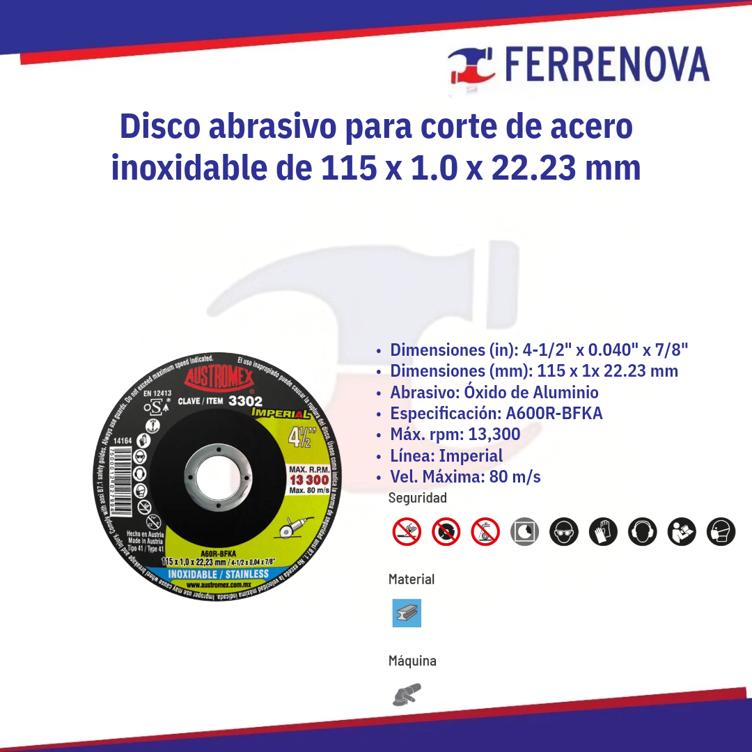 Disco P/Corte Acero Inox 41/2 3302 Austromex