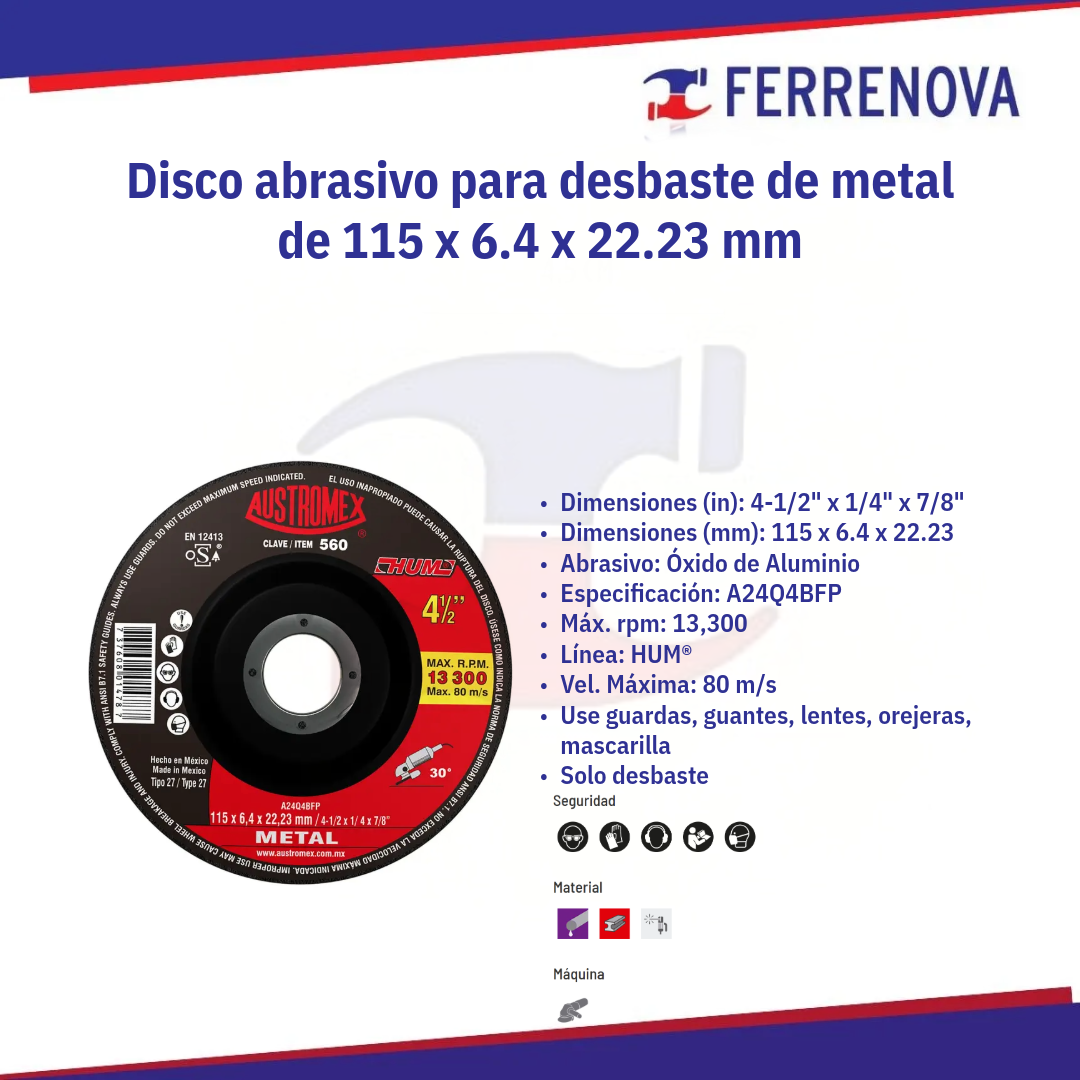 Disco Desbaste Metal 41/2"X1/4 Hum 560 Austromex