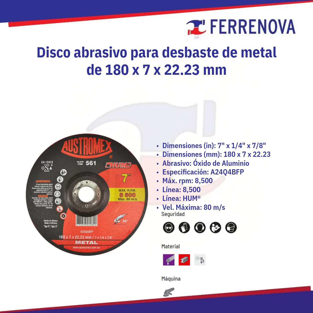 Disco Desbaste Metal 7"X1/4X7/8 561 Hum Austromex