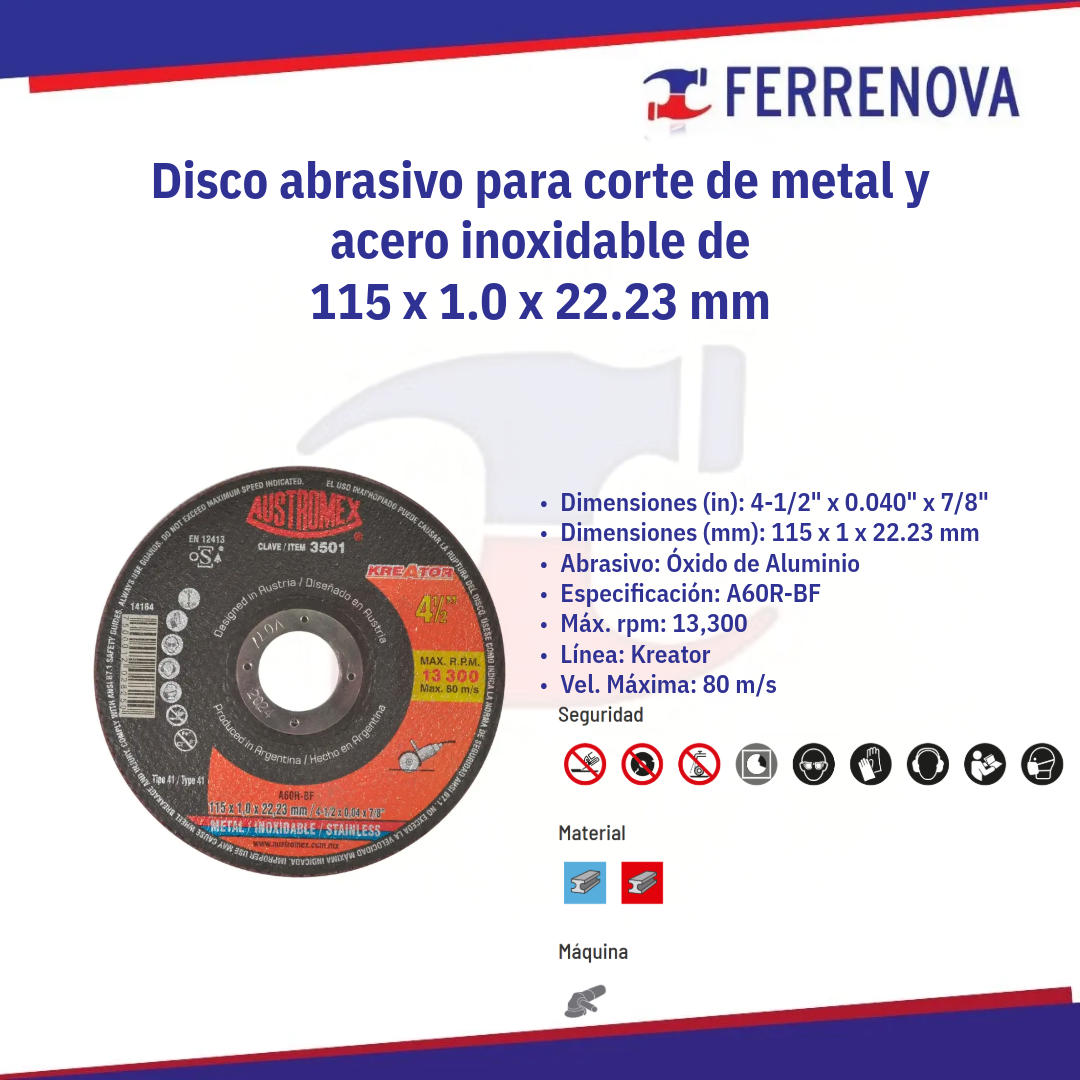 Disco Para Corte Acero Inoxidable A/Carbon 41/2 3501 Austromex