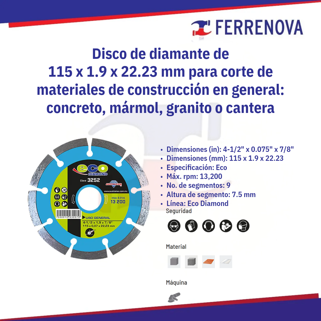Disco De Diamante Rin Segmentado de Uso General 41/2 3252 Austromex