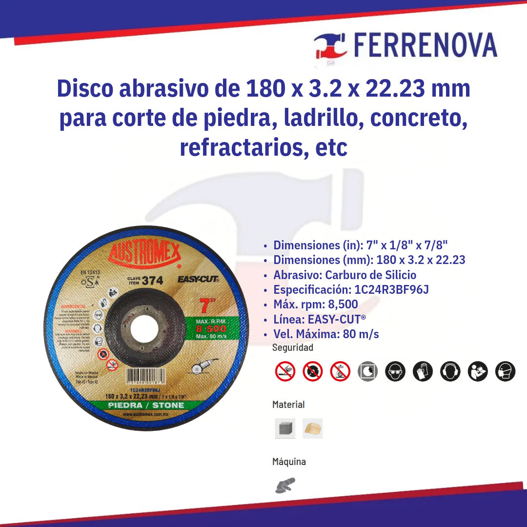 Disco Corte Piedra 374 7" 180X3.2X22.3