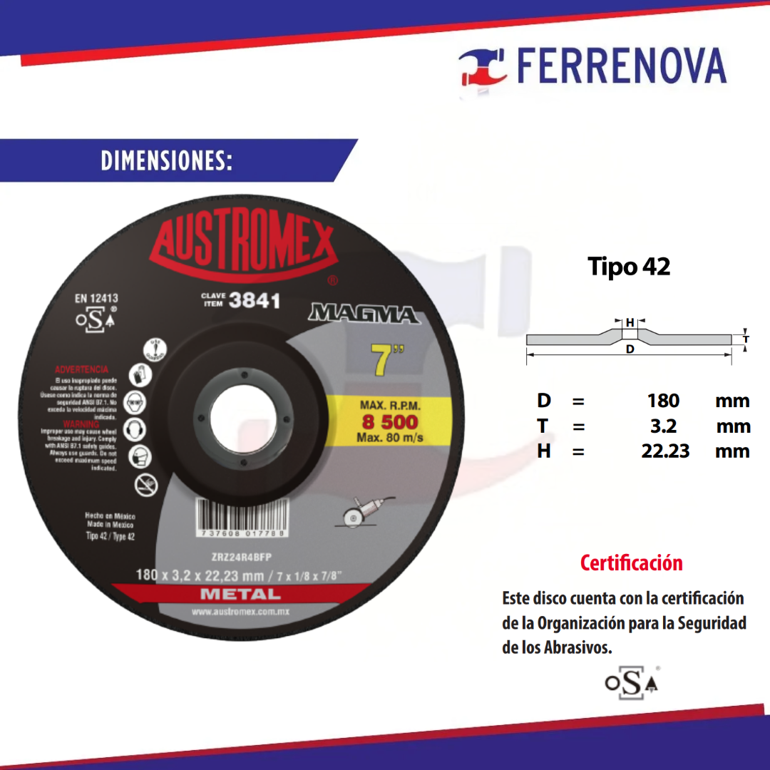 Disco Corte Metal 3841 7" 180X3.2X22.3 Austromex