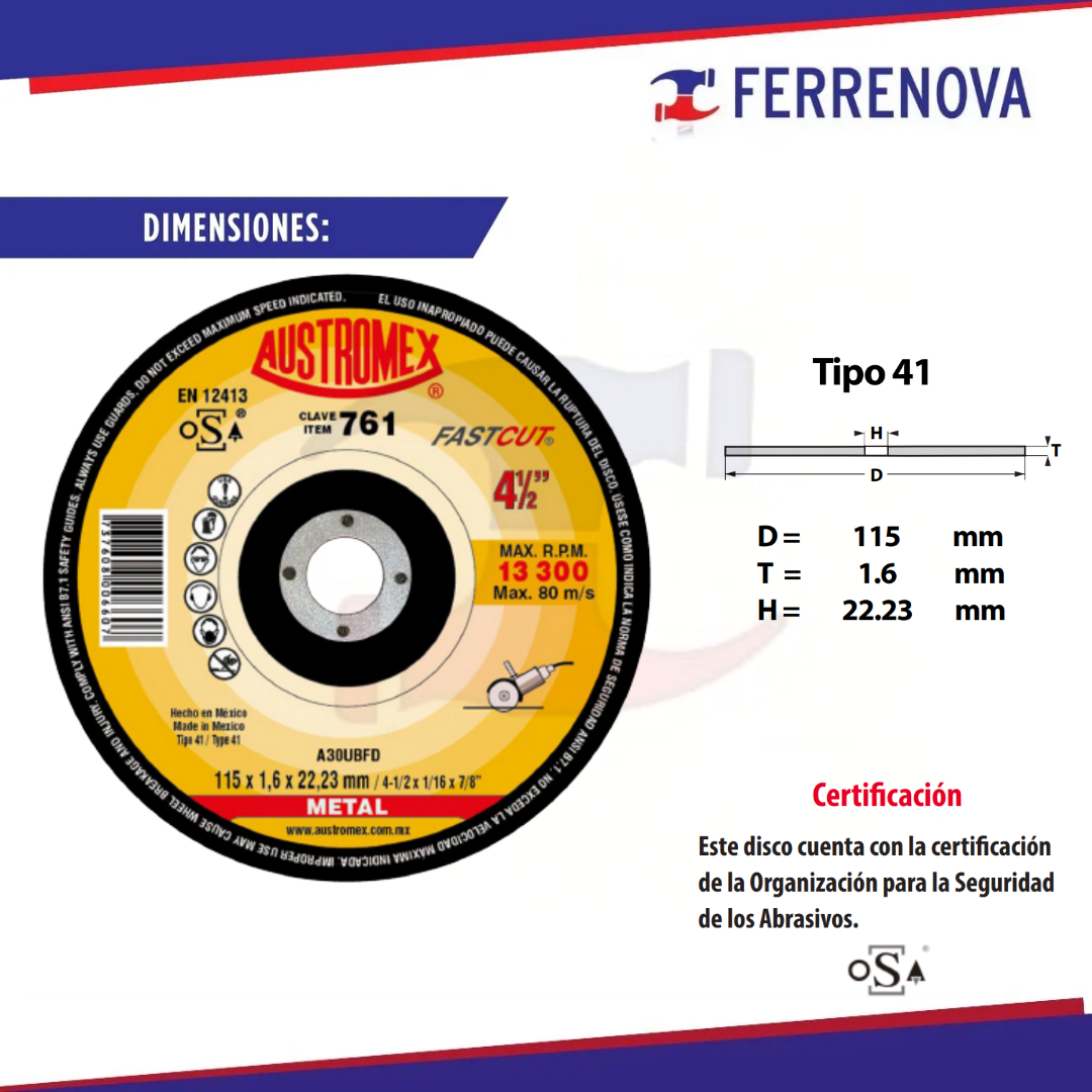 Disco Corte Metal 761 41/2X1/16 Austromex
