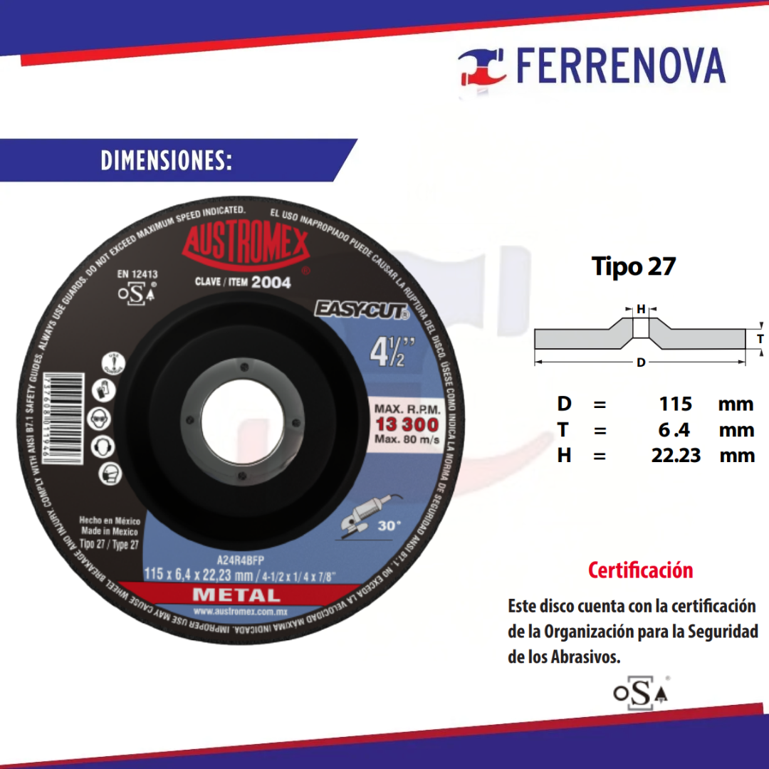 Disco Tipo 27 2004 Desbaste Metal 41/2 Austromex
