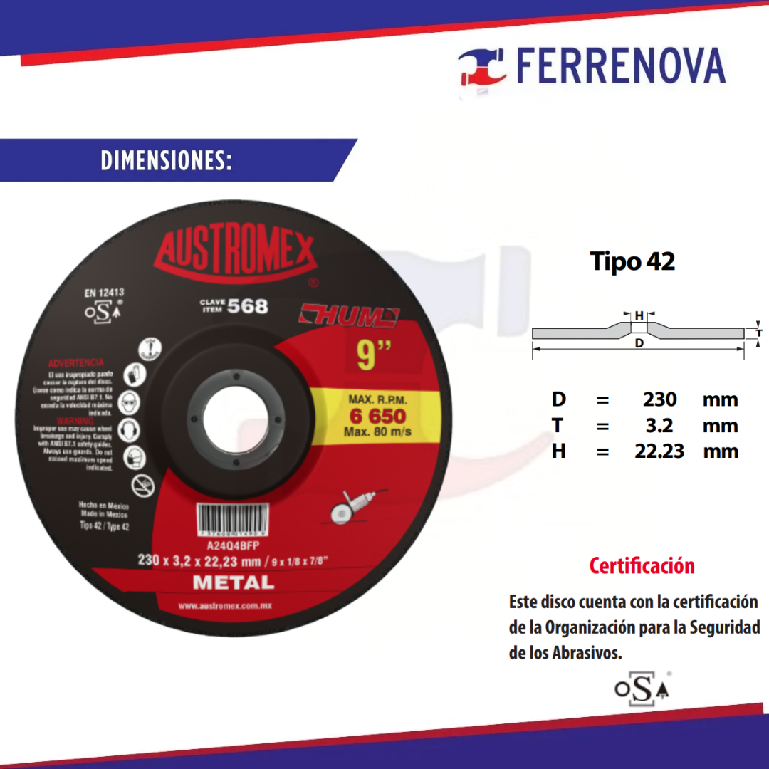 Disco C/Metal 9"X1/8 T42 568 Hum Austromex