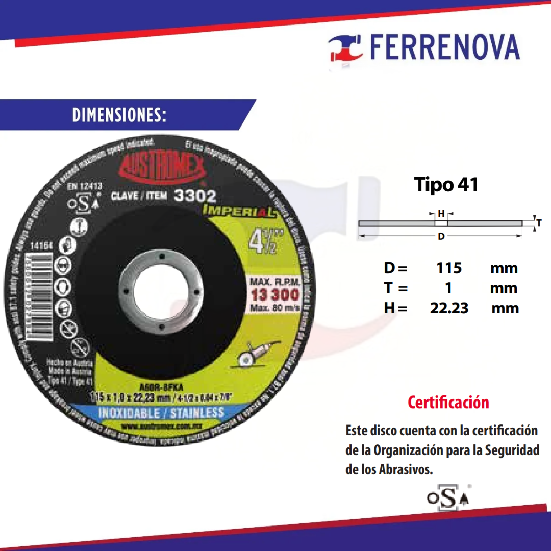 Disco P/Corte Acero Inox 41/2 3302 Austromex