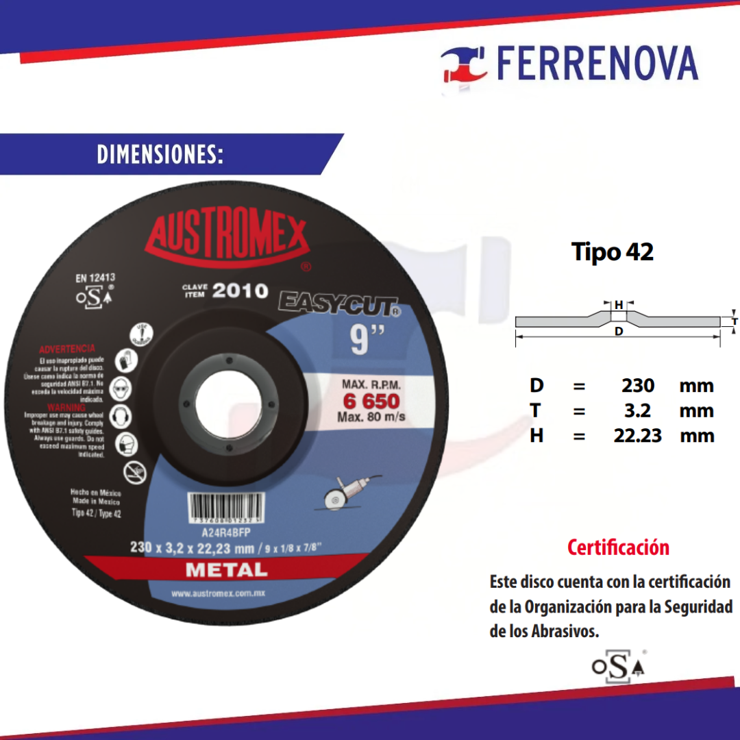 Disco Tipo 27 2010 C/Metal 9"X1/8 Austromex