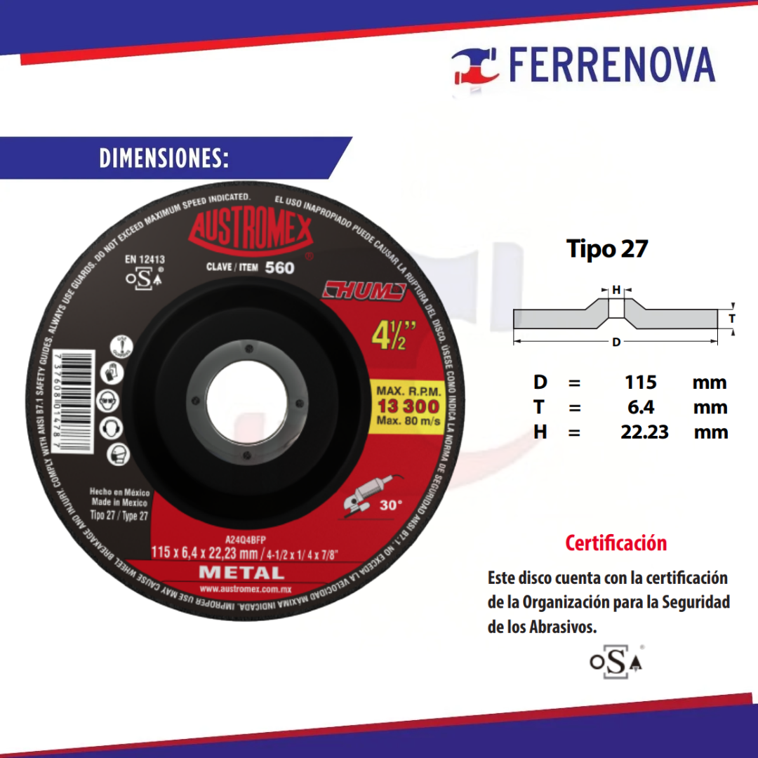 Disco Desbaste Metal 41/2"X1/4 Hum 560 Austromex