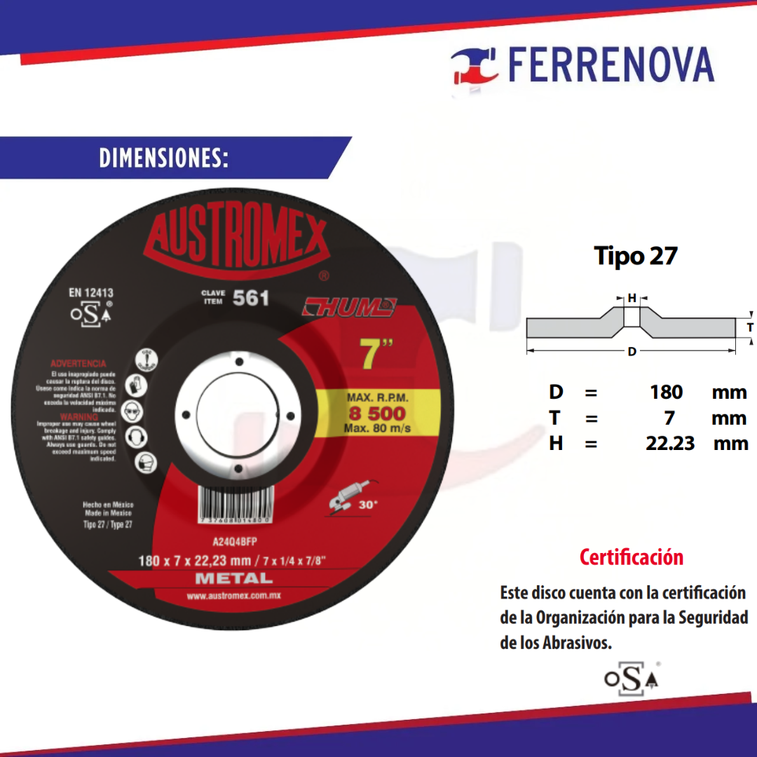 Disco Desbaste Metal 7"X1/4X7/8 561 Hum Austromex