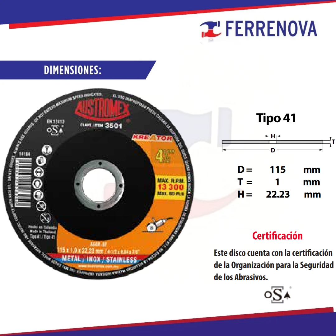 Disco Para Corte Acero Inoxidable A/Carbon 41/2 3501 Austromex