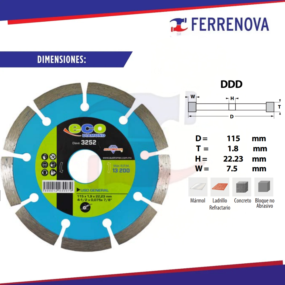 Disco De Diamante Rin Segmentado de Uso General 41/2 3252 Austromex