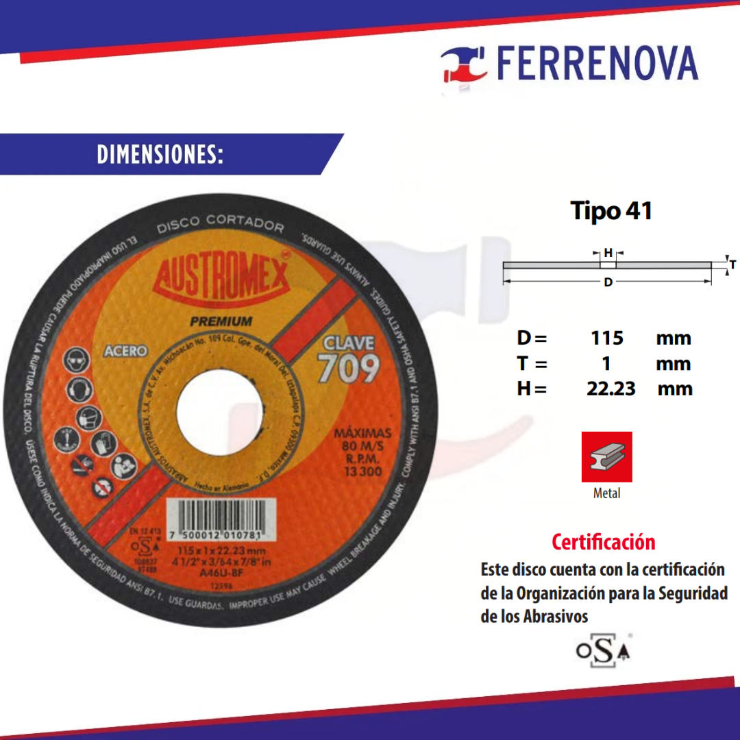 Disco para Corte de Metal 41/2X1.00Mm 709 Premium Austromex
