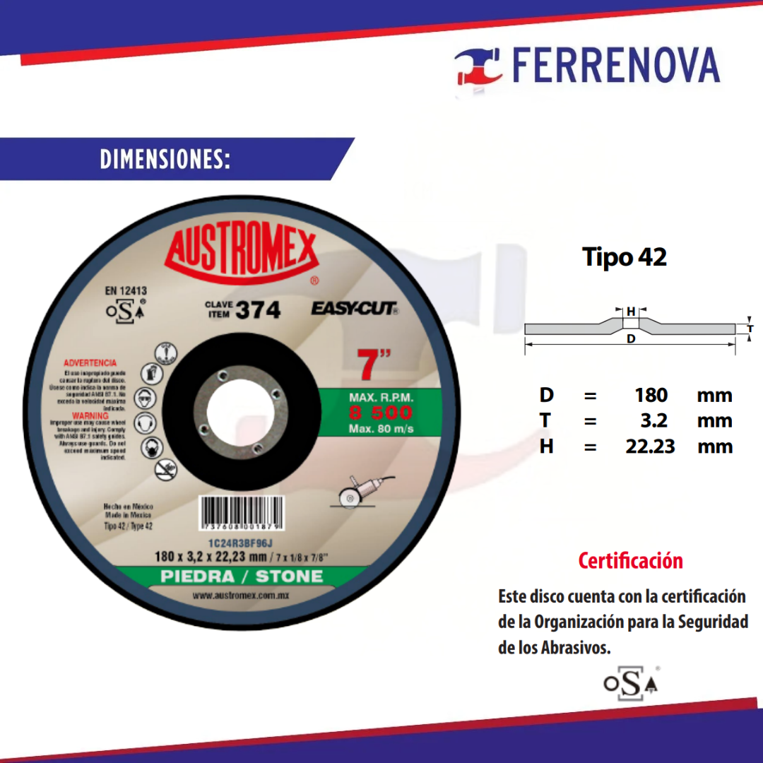 Disco Corte Piedra 374 7" 180X3.2X22.3