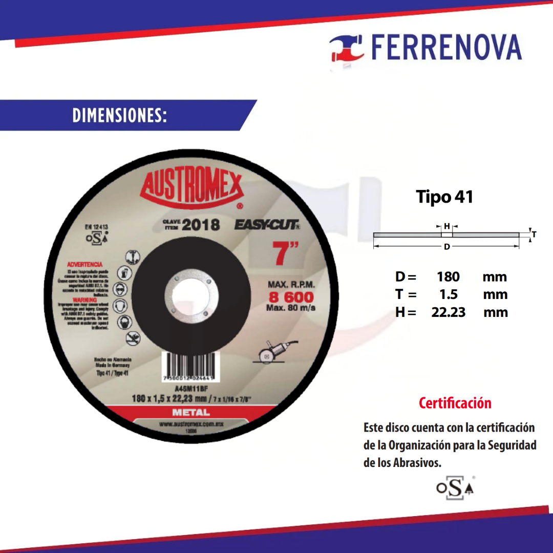 Disco Corte Metal Tipo 41 7" 2018 Easy Cut