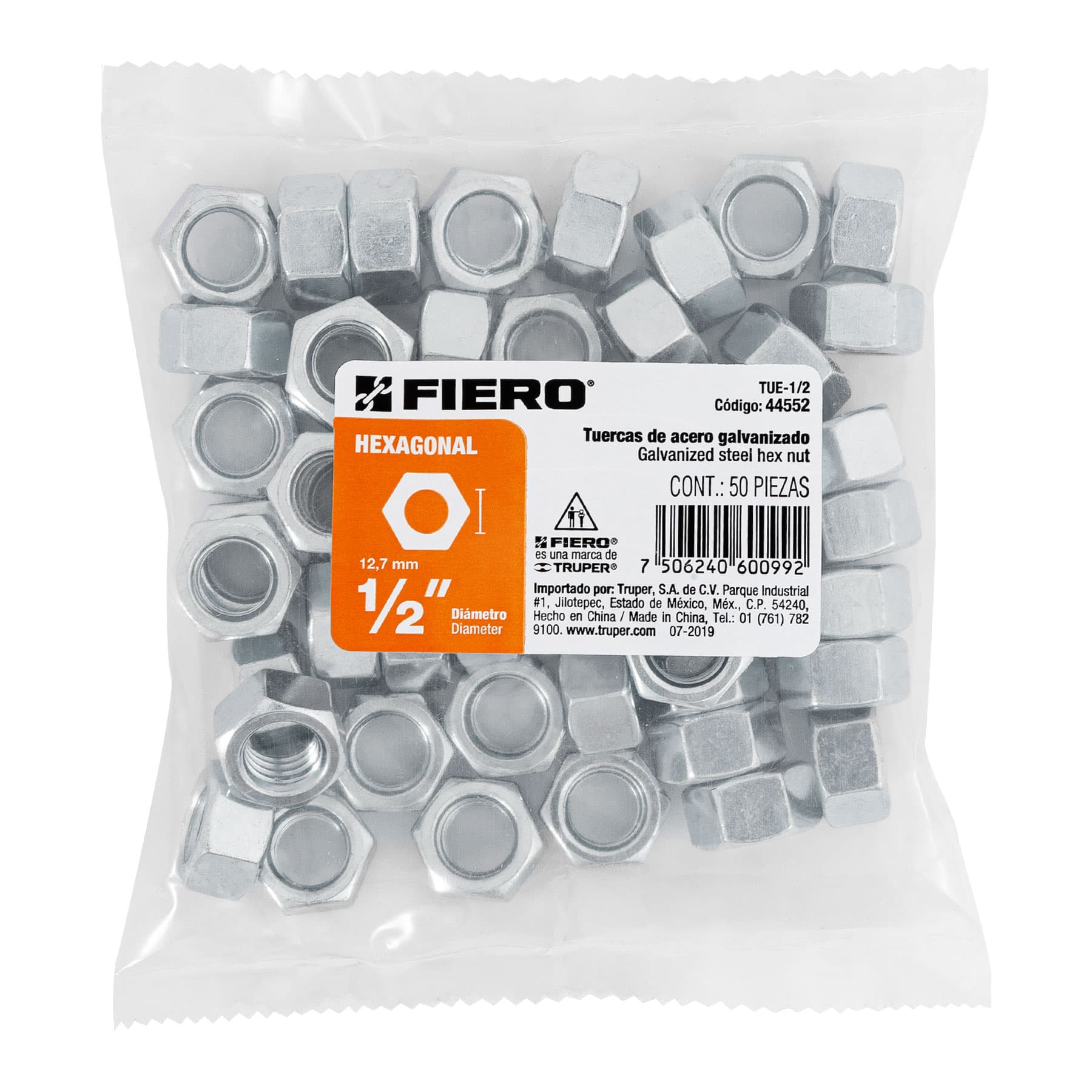 Tuerca Hexagonal Galv. Tue-1/2 Fiero 44552 (Bolsa de 50 Piezas)